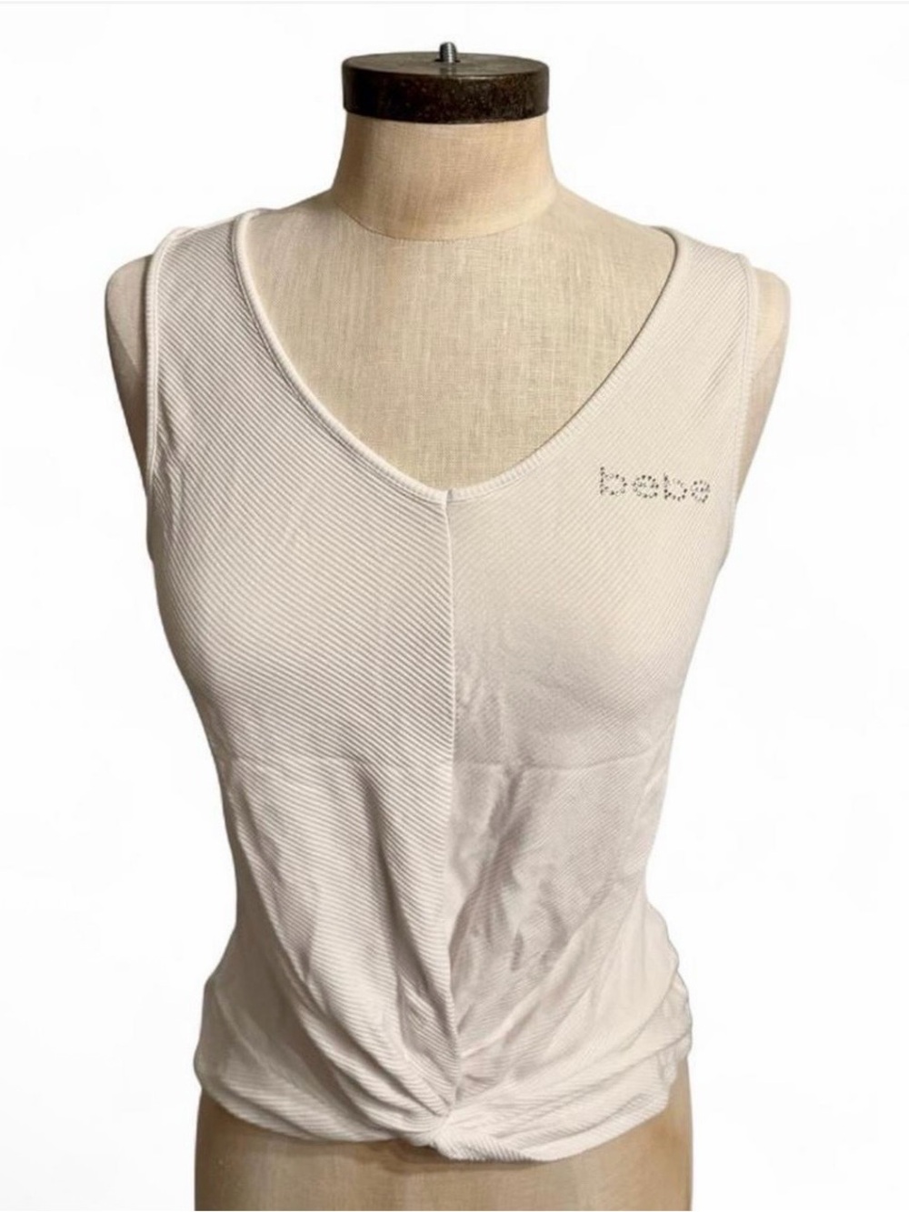 bebe White Ribbed V-Neck Tank
